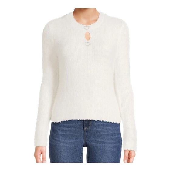 No Boundaries Juniors Rhinestone Heart Keyhole White Sweater Size 11-13 - Picture 11 of 11